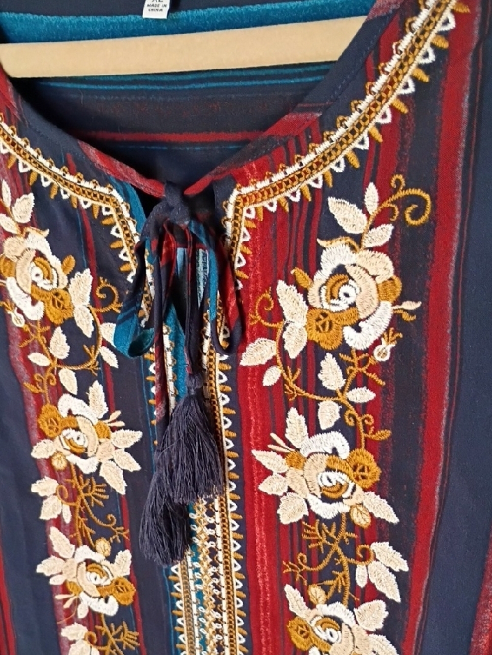 John Mark Embroidered Striped Boho Tunic in Red, Navy & Teal Size XL - Picture 12 of 13